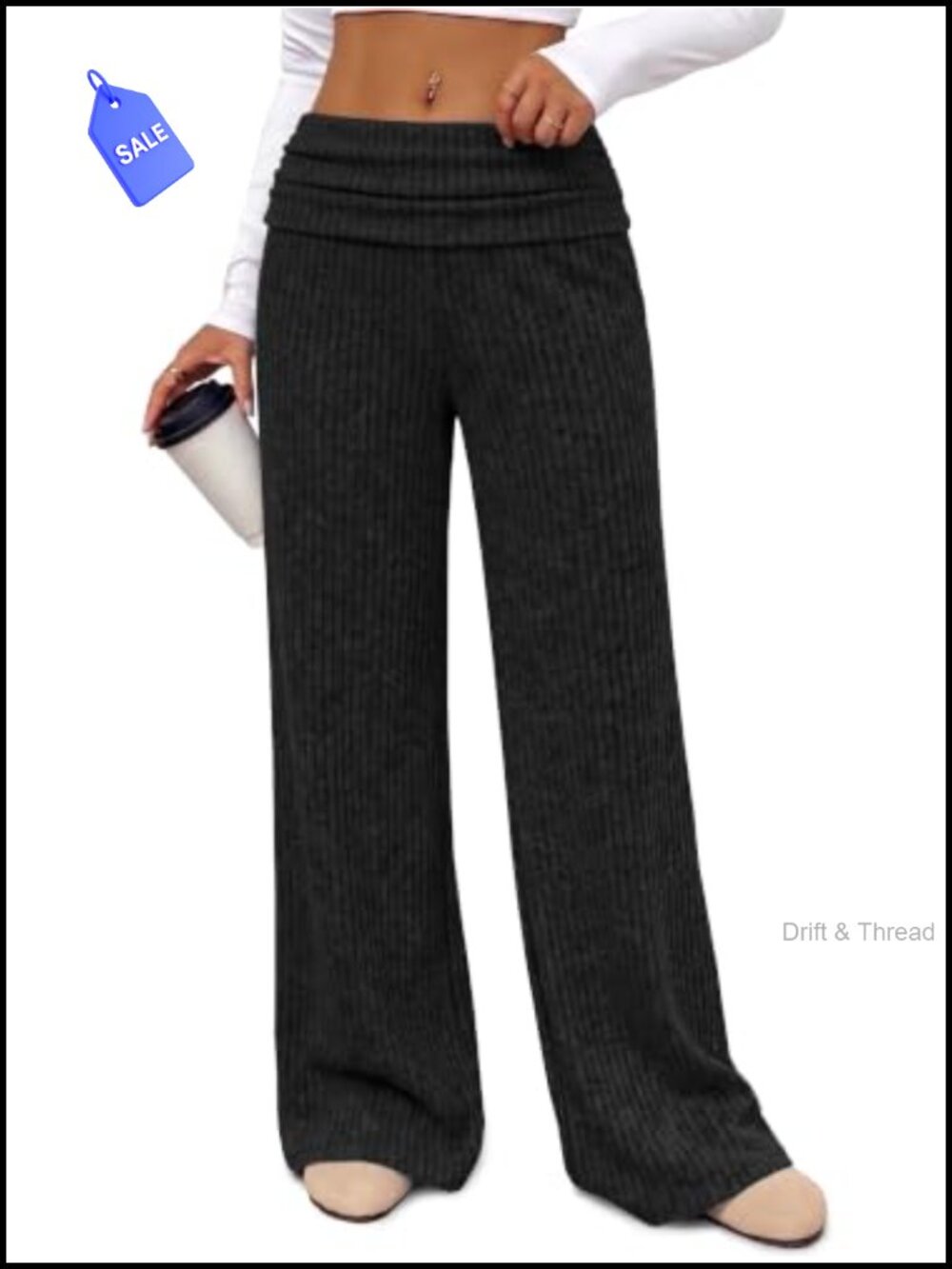 Wide Leg High Waist Ribbed Knit Pants Loose Fit Ankle Length